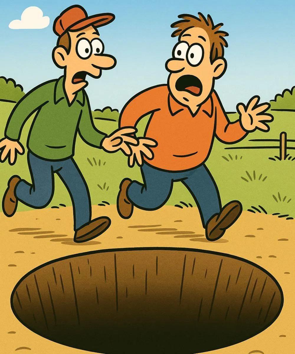 Walking across a field, two men come across a very large hole