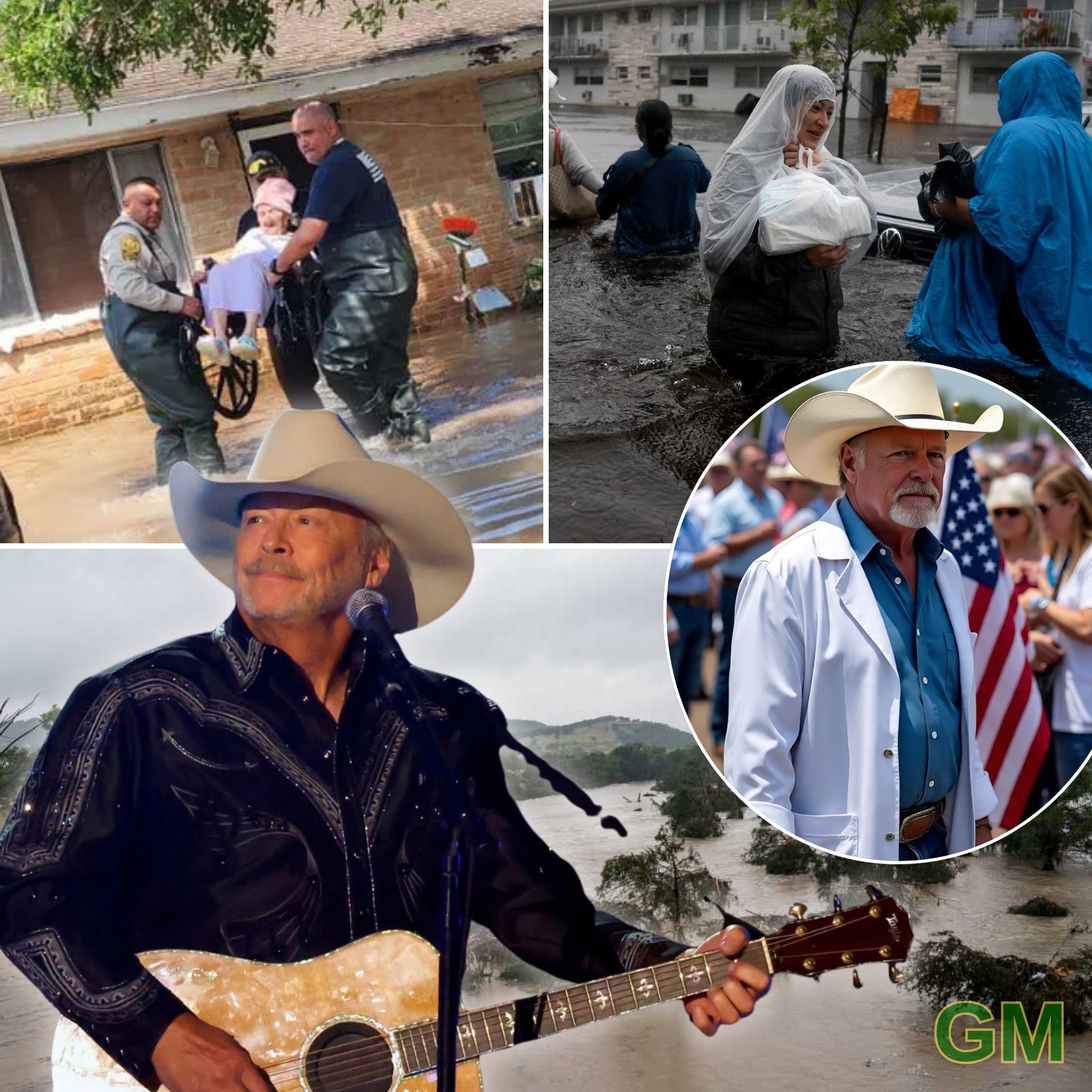 While politicians were making announcements, Alan Jackson showed up in a pickup truck loaded with doctors, nurses, and antibiotics. He didn’t come to entertain, he came to serve, handing out water, bandages, and the comfort that only a song can bring. Then he took out his guitar and sang to a crowd that had lost everything but faith
