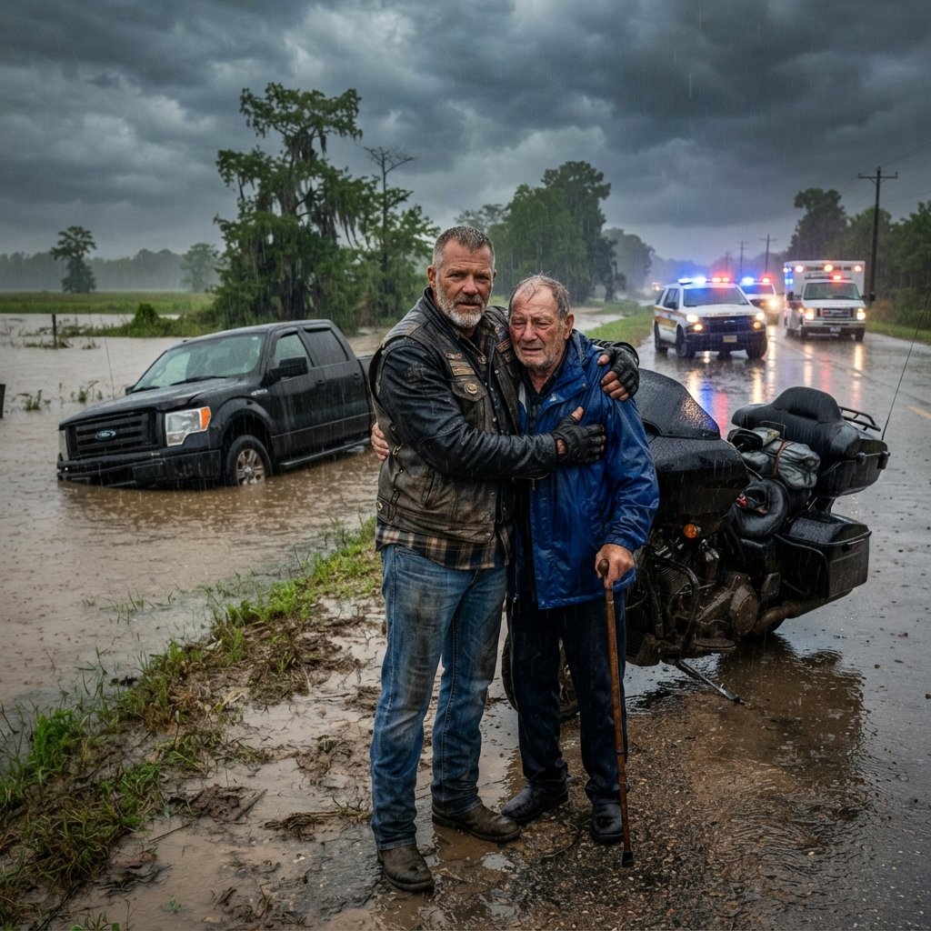 The Biker Who Saved a Stranger During a Flood… and Found the Man Who Changed His Own Life Years Ago