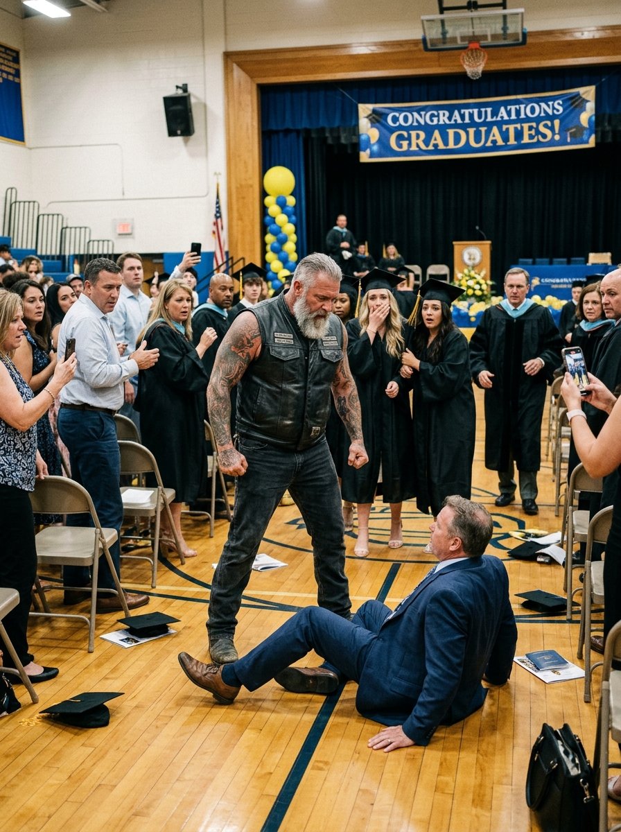 I Was Clapping For My Daughter’s Graduating Class When A Biker Suddenly Shoved A Man In A Blue Suit Flat Onto The Gym Floor