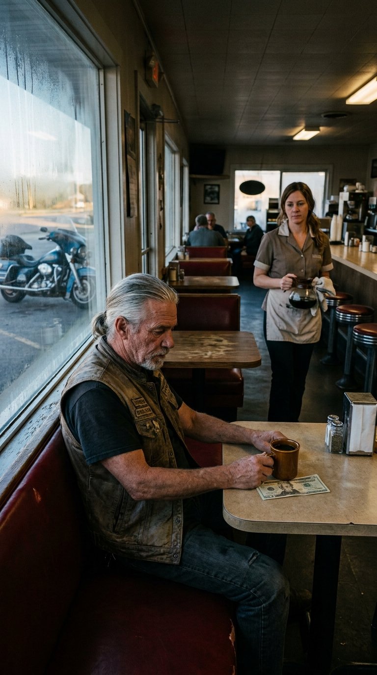 The Biker Left a Twenty-Dollar Tip Every Morning for a Waitress Who Never Served Him — Until I Followed Him and Found Out Who He Was Waiting For