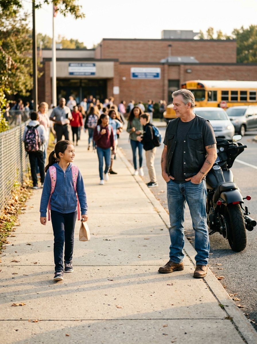 My Daughter Told Me a Biker Had Been Waiting Outside Her Middle School Every Day for Three Weeks. I Almost Made the Biggest Mistake of My Life.