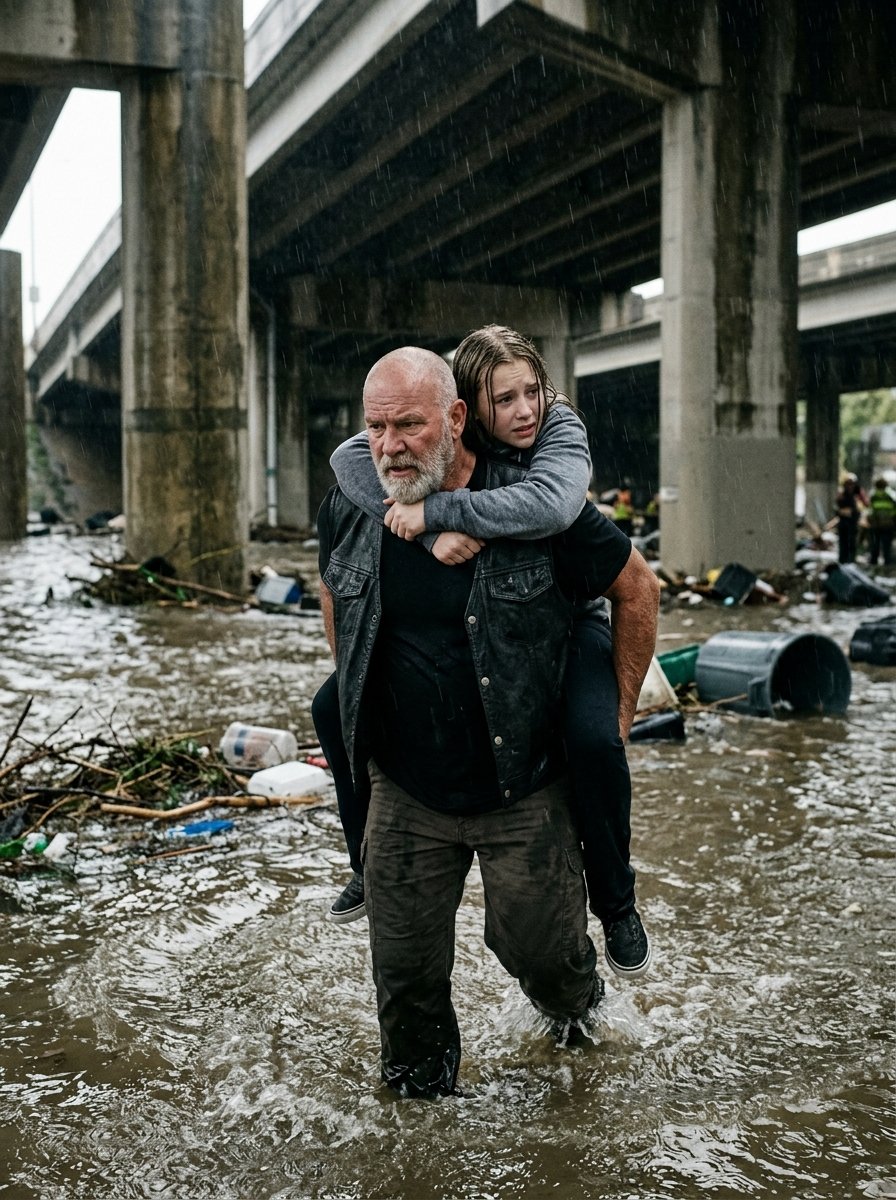 An Old Biker Held a Drowning Girl Above the Flood for Three Hours While His Own Body Slowly Gave Out