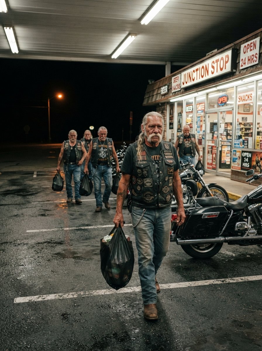 I watched thirty bikers rob a convenience store at 3 AM and the owner just stood there smiling like it was completely normal.