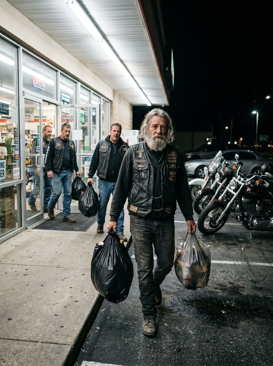 I watched thirty bikers rob a convenience store at 3 AM and the owner just stood there smiling like it was completely normal.